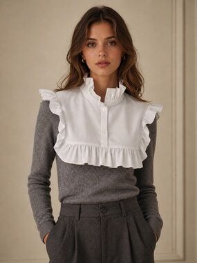 NWT Zara top white shirt/grey sweater ruffle ribbed button down corporate girlie